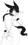  1boy androgynous animal_ears black_hair blush borrowed_character bunny_suit covered_navel dog_collar erection hand_on_penis iza_(ittla) male_focus monster_boy penis red_eyes senatorwong sharp_teeth short_eyebrows testicles trap uncensored 