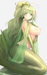 ass breasts brown_eyes curly_hair elbow_gloves eyebrows_visible_through_hair gloves green_gloves green_hair grey_background large_breasts long_hair looking_at_viewer mermaid monster_girl naso4 nipples original simple_background smile solo thighs tiara topless very_long_hair webbed_hands 