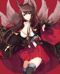  akagi_(azur_lane) animal_ears azur_lane bangs black_hair black_legwear blush breasts cleavage closed_mouth commentary_request cowboy_shot foreshortening fox_ears fox_tail hakama_skirt highres japanese_clothes kinona large_breasts long_hair long_sleeves looking_at_viewer multiple_tails parted_lips red_eyes smile solo tail thighhighs wide_sleeves 