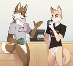  2017 anthro balls beverage bottomless brown_fur bryce_(lonewolfhowling) canine casual_nudity clothed clothing coffee dingo dog duo foreskin fur humanoid_penis ibee male mammal penis smile spencer_(lonewolfhowling) uncut 