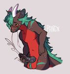  alyx_(shooshine) anthro balls blush cum cumshot dragon ejaculation erection exhausted fur furred_dragon horn knot male masturbation onomatopoeia orgasm pandx penis scalie simple_background solo sound_effects sweat 