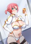  ayuayu_(shouyu_no_sato) blush boudica_(fate/grand_order) bra breasts camera_flash cellphone cleavage closed_mouth commentary_request cropped_jacket dutch_angle fate/grand_order fate_(series) green_eyes hand_on_hip hand_up holding holding_cellphone holding_phone indoors juliet_sleeves large_breasts long_sleeves looking_at_viewer mirror navel o-ring o-ring_bottom o-ring_top phone puffy_sleeves red_hair self_shot short_ponytail shrug_(clothing) sidelocks smartphone smile solo thigh_strap thighhighs thong underwear 