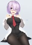  bare_shoulders black-framed_eyewear black_skirt blush breasts commentary_request eyebrows_visible_through_hair fate/grand_order fate_(series) glasses hair_over_one_eye hands_on_own_chest highres jacket large_breasts looking_at_viewer mash_kyrielight nebusoku necktie off_shoulder open_clothes open_jacket open_mouth panties panties_under_pantyhose pantyhose purple_eyes purple_hair red_neckwear short_hair signature simple_background sitting skirt smile solo teeth thighs underwear wide_hips 