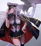  azur_lane bald_eagle bird black_jacket black_legwear black_neckwear black_skirt blue_eyes breasts collared_shirt cowboy_shot eagle enterprise_(azur_lane) hat highres jacket jacket_on_shoulders large_breasts long_hair looking_at_viewer miniskirt moruga necktie peaked_cap pleated_skirt shirt skirt sleeveless sleeveless_shirt smile solo thighhighs very_long_hair white_hair 