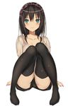  black_hair black_legwear blue_eyes breasts closed_mouth collarbone full_body hairband knees_together_feet_apart kureha_(ironika) looking_at_viewer medium_breasts no_shoes original polka_dot shirt short_shorts short_sleeves shorts simple_background sitting smile solo thighhighs tsubasa_(kureha) white_background 