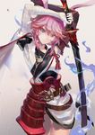  animal_ears armor arms_up bad_id bad_pixiv_id belt benghuai_xueyuan blue_eyes breasts bunny_ears cape cowboy_shot crest fire gauntlets gloves head_tilt highres holding holding_sword holding_weapon japanese_armor japanese_clothes kusazuri looking_at_viewer medium_breasts pink_hair rabbit_(tukenitian) scabbard sheath short_hair single_gauntlet single_glove solo sword thigh_gap unsheathed weapon white_gloves yae_sakura_(benghuai_xueyuan) 