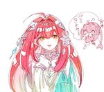  blush chibi dress fins fish_girl hair_ornament humanization jewelry long_hair looking_at_viewer mipha monster_girl multicolored multicolored_skin red_skin shuri_(84k) solo the_legend_of_zelda the_legend_of_zelda:_breath_of_the_wild translated white_background yellow_eyes zora 