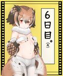  bare_shoulders blush breasts brown_coat brown_eyes brown_hair buttons coat covering covering_breasts cowboy_shot eurasian_eagle_owl_(kemono_friends) eyebrows_visible_through_hair fur_collar gloves hair_between_eyes head_wings highres kemono_friends long_sleeves looking_at_viewer medium_breasts multicolored_hair navel pantyhose pocket short_hair solo temari_rin unbuttoned white_gloves white_hair white_legwear yellow_background 