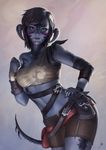  absurdres au_ra black_hair facepaint final_fantasy final_fantasy_xiv grey_skin heterochromia highres horns jewelry june_jenssen looking_at_viewer midriff multicolored_hair purple_hair realistic ring scales short_hair smile solo strap tail two-tone_hair zipper 
