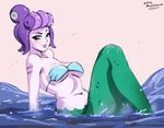  1girl bare_shoulders breasts cala_maria_(cuphead) cleavage cuphead_(game) giantess half-closed_eyes highres lips makeup mascara mermaid mina_cream monster_girl navel ocean parted_lips partially_submerged purple_hair shell_bikini sitting sky smile solo stomach water white_skin 