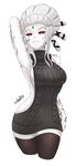  arm_behind_head artist_name black_legwear black_sclera breasts cropped_legs cslucaris detached_sleeves facial_mark forehead_mark groin highres hips large_breasts meme_attire pale_skin red_eyes rwby salem_(rwby) sideboob solo thighhighs virgin_killer_sweater white_background white_hair 