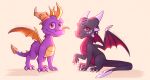  2018 claws cynder digital_media_(artwork) dragon duo feral icelectricspyro membranous_wings purple_eyes scalie simple_background spyro spyro_the_dragon standing video_games western_dragon wings 