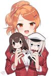  :d akagi_(kantai_collection) aquila_(kantai_collection) artist_name blush breasts brown_eyes character_doll graf_zeppelin_(kantai_collection) high_ponytail jacket juliet_sleeves kantai_collection kinsenka_momi large_breasts long_sleeves open_mouth orange_hair puffy_sleeves red_jacket short_hair signature simple_background smile solo white_background 