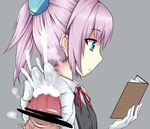 1girl bangs bar_censor blue_eyes book censored collared_shirt commentary_request cum ejaculation expressionless eyebrows_visible_through_hair gloves grey_background grey_vest hair_ornament handjob hetero holding holding_book kantai_collection looking_away multitasking neck_ribbon penis pointless_censoring ponytail purple_hair reading red_neckwear red_ribbon ribbon shiranui_(kantai_collection) shirt toubun_(alice_8) vest white_gloves white_shirt 