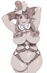  1girl :d armpits arms_up belly blush bottomless breasts cowboy_shot crop_top dark_skin erect_nipples fuuro_(pokemon) gloves greyscale gym_leader hair_bun hairclip hips kei_(bekei) large_breasts looking_at_viewer nipples no_panties open_mouth pokemon pokemon_(game) pokemon_bw pubic_hair puffy_nipples pussy shirt_lift simple_background smile solo stomach suspenders thick_thighs thighs white_background wide_hips 