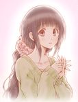  black_hair bluez chitanda_eru gradient gradient_background green_sweater hair_ornament hair_scrunchie hands_clasped hyouka long_hair looking_at_viewer muted_color open_mouth own_hands_together pink_background purple_eyes scrunchie smile solo sweater upper_body 
