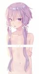  arms_behind_back bangs blush censored collarbone commentary_request hair_ornament hair_ribbon hand_on_own_arm highres kushibi long_hair looking_at_viewer navel nude open_mouth purple_eyes purple_hair ribbon short_hair_with_long_locks sidelocks simple_background solo tress_ribbon upper_body vocaloid voiceroid white_background white_ribbon yuzuki_yukari 