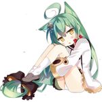  :3 ahoge akashi_(azur_lane) animal_ears azur_lane bad_id bad_pixiv_id cat_ears commentary_request dress green_hair highres kamakura_(abcd-1111-58) leg_hug long_hair looking_at_viewer panties pantyshot pantyshot_(sitting) parted_lips simple_background sitting sleeves_past_wrists solo underwear white_background white_dress white_panties yellow_eyes 