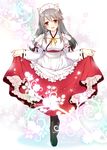  :d alternate_costume apron black_footwear black_hair boots breasts detached_sleeves full_body hair_ornament hairclip haruna_(kantai_collection) kantai_collection large_breasts long_hair long_skirt looking_at_viewer maid_apron maid_headdress open_mouth red_skirt shigunyan skirt skirt_lift smile solo thigh_boots thighhighs wa_maid 