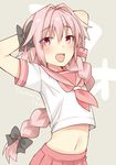  arms_up artist_name astolfo_(fate) bad_id bad_pixiv_id black_bow blush bow braid chita crop_top fang fate/apocrypha fate_(series) highres long_hair male_focus midriff navel open_mouth otoko_no_ko pink_hair pink_skirt pleated_skirt school_uniform serafuku skirt solo 