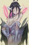  ;) albedo bare_shoulders black_hair black_wings blush breasts cleavage feathered_wings gloves horns krin long_hair medium_breasts one_eye_closed overlord_(maruyama) smile solo white_gloves wings yellow_eyes 