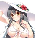  bikini black_hair breasts brown_eyes cleavage covered_nipples flower front-tie_top hair_ornament hairclip hand_behind_head hand_in_hair haruna_(kantai_collection) hat hat_flower hibiscus kantai_collection large_breasts long_hair looking_at_viewer shigunyan simple_background skindentation smile solo swimsuit twitter_username upper_body white_background white_bikini white_hat 