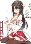  1girl :d admiral_(kantai_collection) bare_shoulders black_hair blush breasts brown_eyes cleavage detached_sleeves fairy_(kantai_collection) hair_ornament hairband hairclip haruna_(kantai_collection) japanese_clothes kamonegi0820 kantai_collection large_breasts long_hair looking_at_viewer nontraditional_miko open_mouth red_skirt sarashi seiza sitting skirt smile white_background 