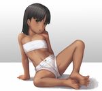  arm_support arms_behind_back bandeau bangs bare_legs bare_shoulders barefoot black_hair blunt_bangs blush child collarbone covered_nipples dark_skin feet foreshortening gradient gradient_background green_eyes groin groin_tendon highres leaning_back legs medium_hair midriff navel open_mouth original ranma_(kamenrideroz) reclining ribs shadow short_shorts shorts simple_background sitting soles solo spread_legs stomach taut_clothes toes white_background white_shorts 