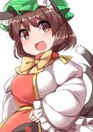  :d animal_ears bangs blush bow bowtie brown_eyes brown_hair cat_ears chen commentary eyebrows_visible_through_hair fang fun_bo green_hat hat long_sleeves looking_at_viewer mob_cap no_nose open_mouth short_hair simple_background smile solo tabard touhou white_background yellow_neckwear 