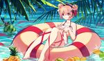  azur_lane baisi_shaonian bare_shoulders barefoot bikini breasts double_bun food frilled_bikini frills fruit hair_ribbon highres lemon palm_leaf partially_submerged pineapple pink_hair purple_eyes purple_ribbon ribbon saratoga_(azur_lane) small_breasts solo swimsuit watermelon 