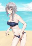  ahoge beach bikini black_bikini blush braid breasts cameltoe clenched_teeth cloud covered_nipples day gobi_(sobmobink) grey_eyes grey_hair grin hair_between_eyes hair_ribbon highres hoshi_shouko idolmaster idolmaster_cinderella_girls large_breasts leaning_forward long_hair looking_at_viewer nail_polish navel outdoors purple_nails ribbon short_hair single_braid sky smile solo strapless strapless_bikini swimsuit teeth 