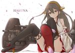  ass_visible_through_thighs bare_shoulders black_hair boots breasts camouflage character_name dazzle_paint detached_sleeves hair_ornament hairband hairclip haruna_(kantai_collection) hoshimiya_mashiro kantai_collection large_breasts long_hair looking_at_viewer nontraditional_miko petals red_skirt remodel_(kantai_collection) sitting skirt smile solo thigh_boots thighhighs 