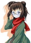  adjusting_eyewear alternate_costume bespectacled black_eyes black_hair casual coat commentary_request contemporary double_bun face_mask glasses kantai_collection looking_at_viewer mask naka_(kantai_collection) scarf solo sweater tk8d32 two_side_up 