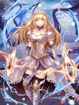  black_legwear blonde_hair blue_eyes blue_sky bow_(weapon) breasts day dew_(7302235) dress elbow_gloves gloves long_hair looking_at_viewer medium_breasts original outdoors quiver sky snowing standing sword thighhighs tiara weapon white_dress white_gloves 