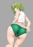  absurdres adjusting_clothes adjusting_panties ass bare_shoulders blue_eyes cameltoe crop_top dungeon_ni_deai_wo_motomeru_no_wa_machigatteiru_darou_ka elf from_behind gobi_(sobmobink) green_hair green_panties grey_background hair_between_eyes highres looking_at_viewer looking_back panties parted_lips pink_lips pointy_ears ryu_lion shirt short_hair solo strapless underwear white_shirt 