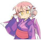  :d commentary_request eyebrows_visible_through_hair ini_(inunabe00) japanese_clothes kimono mystia_lorelei open_mouth pink_hair purple_kimono simple_background smile solo touhou transparent_border white_background wings yellow_eyes 