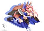  animal_ears bare_shoulders blue_legwear bow breasts cleavage commentary_request detached_sleeves fate/extra fate/extra_ccc fate/grand_order fate_(series) fox_ears fox_shadow_puppet fox_tail graphite_(medium) hair_bow hair_ribbon highres japanese_clothes large_breasts multiple_tails oukasirayami pink_hair ribbon simple_background solo tail tamamo_(fate)_(all) tamamo_no_mae_(fate) thighhighs traditional_media twintails white_background yellow_eyes 