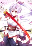  archer_inferno blush dress fate/grand_order katana long_hair ponytail violet_eyes warrior white_hair 