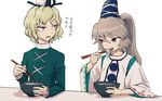  bowl chopsticks eating food green_eyes green_hair grey_eyes grey_hair hat holding holding_chopsticks japanese_clothes kariginu long_hair meimaru_inuchiyo mononobe_no_futo multiple_girls ponytail short_hair soga_no_tojiko sweatdrop tate_eboshi thick_eyebrows touhou translated udon wide_sleeves 