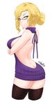  artist_name ass back blonde_hair blush breasts cropped_legs cslucaris drill_hair glasses glynda_goodwitch green_eyes hair_bun highres large_breasts looking_at_viewer meme_attire rwby shoulder_blades sideboob skindentation solo thighhighs thighs virgin_killer_sweater white_background 