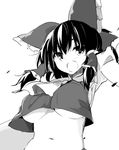  arm_up ascot bangs blush bow breasts detached_sleeves greyscale hair_bow hair_tubes hakurei_reimu kamukamu_(ars) large_breasts monochrome navel no_bra open_mouth sidelocks simple_background solo touhou underboob upper_body white_background 