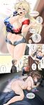  2girls admiral_(kantai_collection) alarm_clock american_flag_shirt bed blonde_hair blue_eyes breasts brown_hair clock comic commentary_request covered_nipples denim denim_shorts door highres iowa_(kantai_collection) kantai_collection large_breasts messy_hair micro_shorts multiple_girls no_panties nude ryuun_(stiil) saratoga_(kantai_collection) short_shorts shorts speech_bubble star star-shaped_pupils symbol-shaped_pupils thick_thighs thighs translated wide_hips 