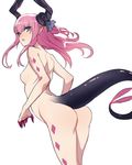  arched_back ass ban blue_eyes blush breasts commentary_request dragon_girl dragon_tail elizabeth_bathory_(brave)_(fate) elizabeth_bathory_(fate)_(all) fate/extra fate/extra_ccc fate/grand_order fate_(series) from_side highres horns long_hair looking_at_viewer looking_back nipples nude parted_lips pink_hair pointy_ears ribbon sidelocks simple_background small_breasts solo tail white_background 