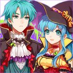  1girl 2900cm aqua_hair armor blue_eyes blue_hair blush brother_and_sister cape dress eirika ephraim fire_emblem fire_emblem:_seima_no_kouseki fire_emblem_heroes gloves green_hair halloween hat long_hair pumpkin siblings skirt smile vampire weapon witch_hat 