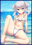  bangs bare_legs barefoot beach bikini blue_sky blush breasts closed_mouth commentary_request day eyebrows_visible_through_hair front-tie_bikini front-tie_top grey_hair hair_between_eyes highres horizon kantai_collection kashima_(kantai_collection) knee_up large_breasts long_hair looking_at_viewer myuu_(arisumeria) navel outdoors purple_eyes side-tie_bikini sidelocks sky smile solo swimsuit thighs twintails underboob water_drop wavy_hair white_bikini windowboxed 