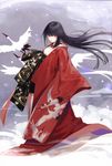  bangs bird black_hair blunt_bangs closed_mouth crane_(animal) floating_hair from_side highres japanese_clothes kangetsu_(fhalei) kimono long_hair long_sleeves looking_at_viewer red_eyes red_kimono sleeves_past_wrists snow snowing solo standing very_long_hair wide_sleeves 