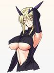  arm_up armpits artoria_pendragon_(all) artoria_pendragon_(lancer_alter) blonde_hair blush bodysuit breasts covered_nipples embarrassed fate/grand_order fate_(series) headgear large_breasts lintanghaseo lips navel short_hair sidelocks simple_background solo sweat turtleneck underboob upper_body yellow_eyes 