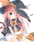  animal_ears bat blue_eyes blush commentary_request food halloween halloween_costume hat jack-o'-lantern kushida_you long_hair looking_at_viewer neckerchief original pink_hair pumpkin short_sleeves simple_background solo white_background witch witch_hat 