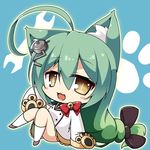  :3 ahoge akashi_(azur_lane) animal_ears azur_lane black_ribbon blush cat_ears cat_paws chibi commentary_request eyebrows_visible_through_hair green_hair hair_between_eyes hair_ornament hair_ribbon jacket long_hair looking_at_viewer open_mouth paws peta_(taleslove596) red_ribbon ribbon sitting solo white_jacket white_legwear wrench yellow_eyes 