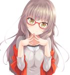  blush breasts brown_eyes brown_hair closed_mouth collarbone glasses hazuki_shizuku kurai_masaru large_breasts long_hair looking_at_viewer new_game! smile solo steepled_fingers upper_body 
